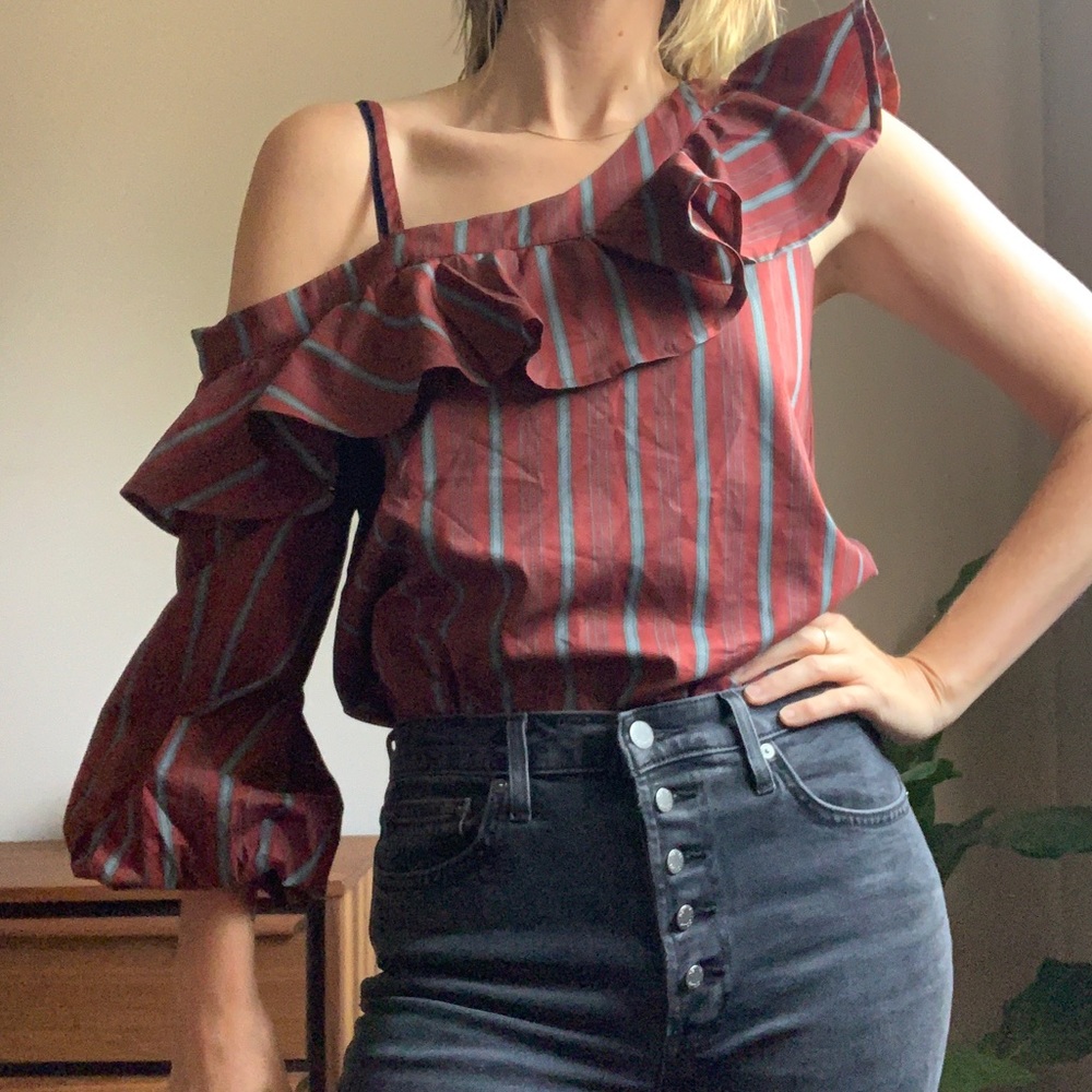 J.O.A Puff Sleeve Striped Ruffle Blouse Size Med